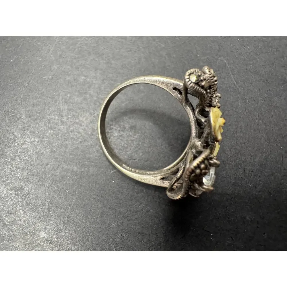 Vintage CFJ Thai Mother Of Pearl Marcasite CZ Sterling Silver 925 Ring Size 7.5
